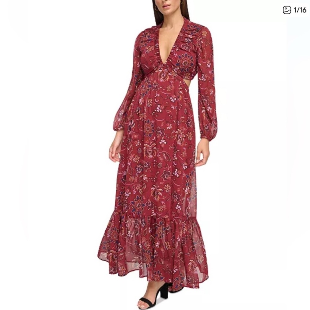 Guess Burgundy Floral Long Sleeve Dress